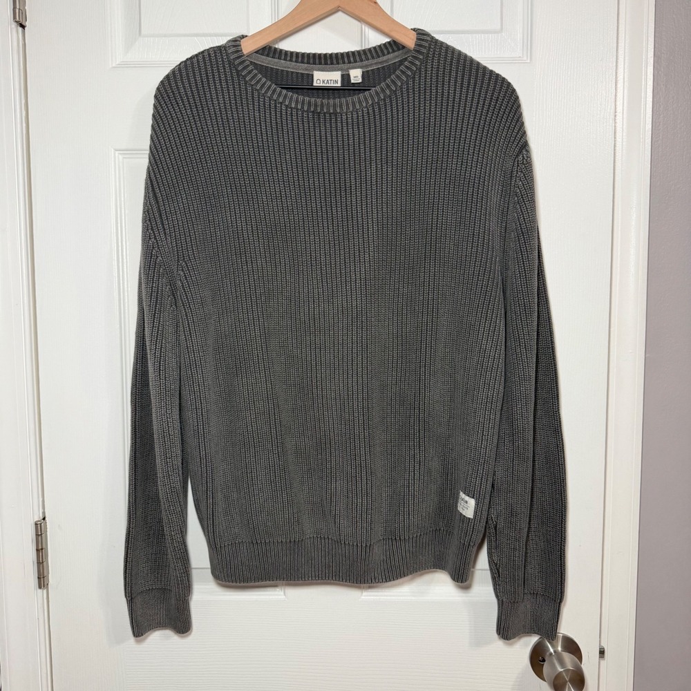 Katin Mens pullover Sweater Charcoal Gray Cotton Shaker Stitch Knit Crewneck M